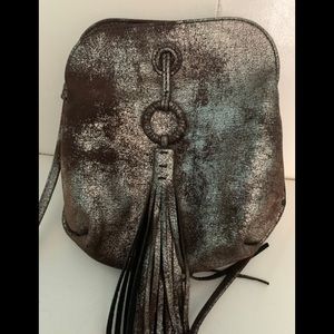 A-List boutique Pewter leather crossbody purse bag fringe accent HOBO